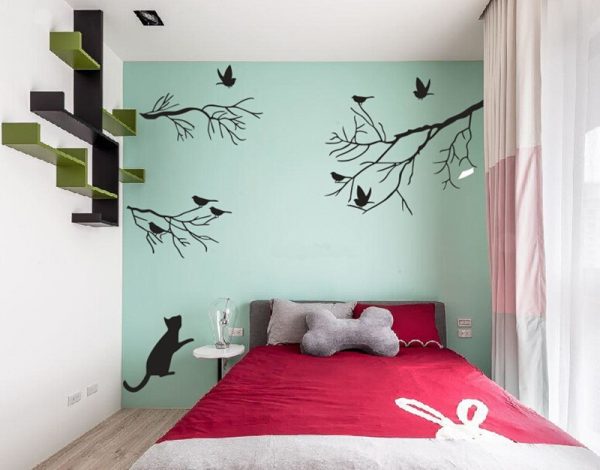 artistic tree birds cat wall sticker
