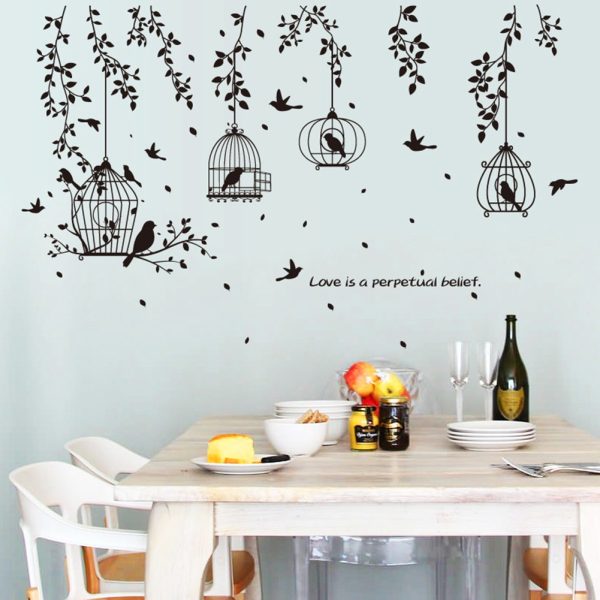 Black birds cage leaves quote wall sticker